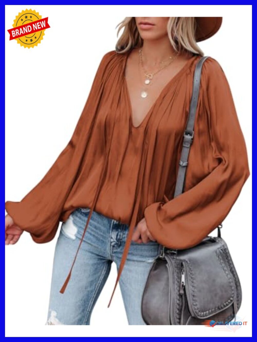 Womens Sexy Deep V Neck Blouse Bell Long Sleeve Satin Flowy Tunic Top